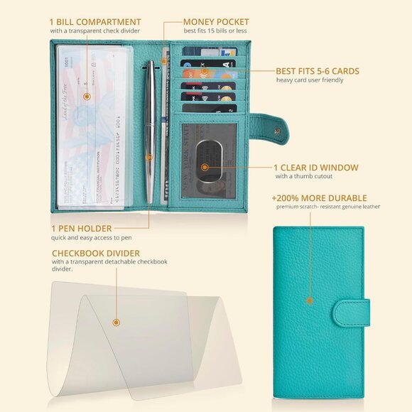 Leather Checkbook Cover for Men & Women -RFID Slim Wallet Pen Holder Credit Card - Picture 3 of 7